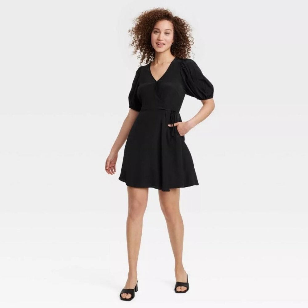 New! Women's Balloon Short Sleeve Wrap Dress - A New Day - Black